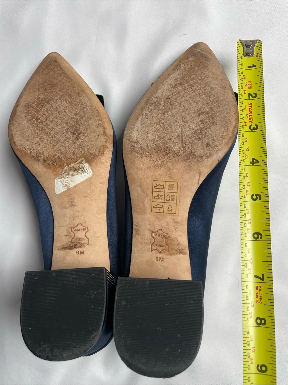 Tory Burch Navy Satin Pointed Flats with Black Velvet Bow